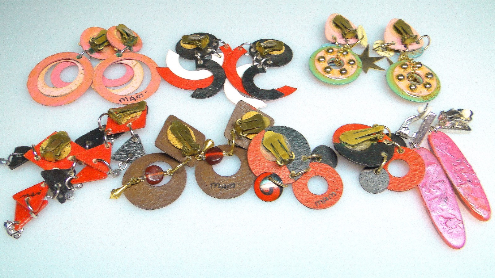 Vintage Lot MAM Designs 80s 90s Statement Earrings 7pr Red Pink Big Hoop Dangle