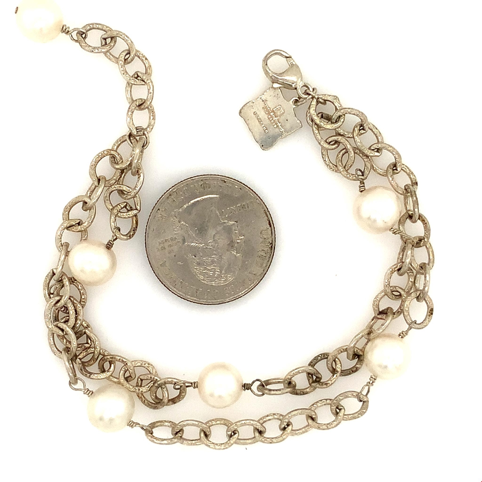 Vintage Signed Sterling Pearl Link Rolo Double Chain Designer Bracelet sz 7 3/4