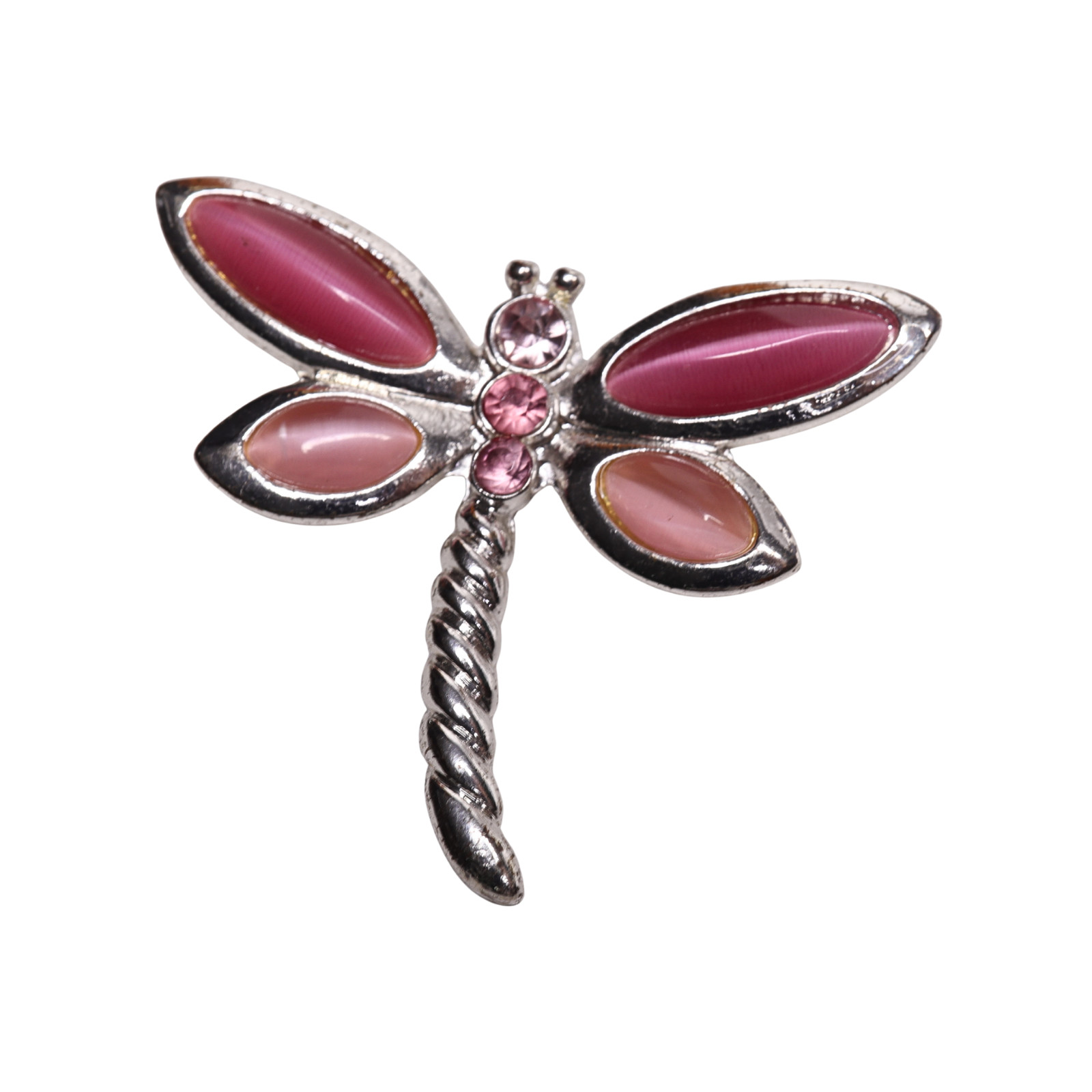 Silver Tone And Pink Crystal Dragonfly Brooch With Safety Clasp Closure – 1.75″