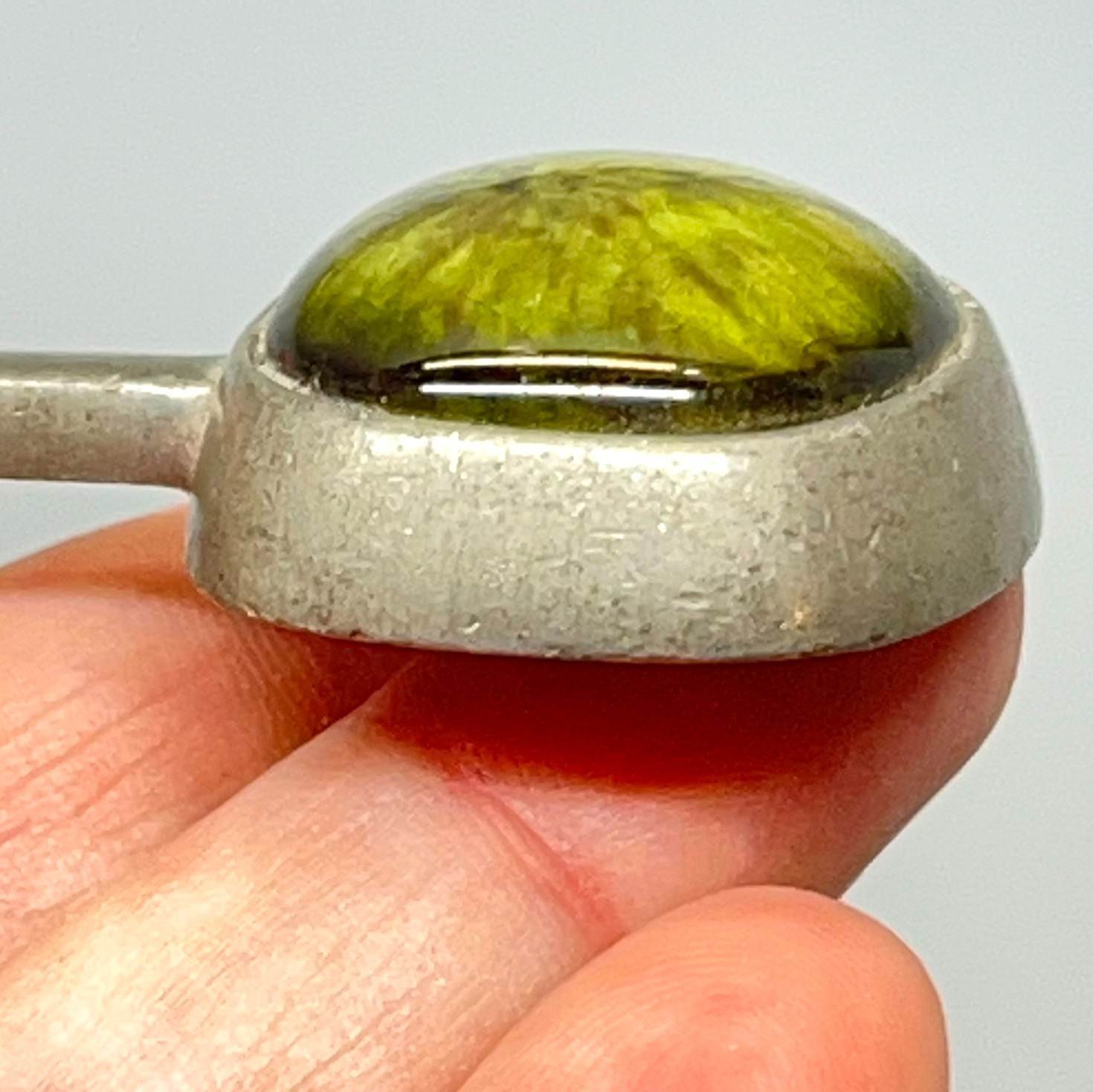 Signed Roland Landerholm Tenn Vintage Modernist MCM Pewter Green Ceramic Pendant