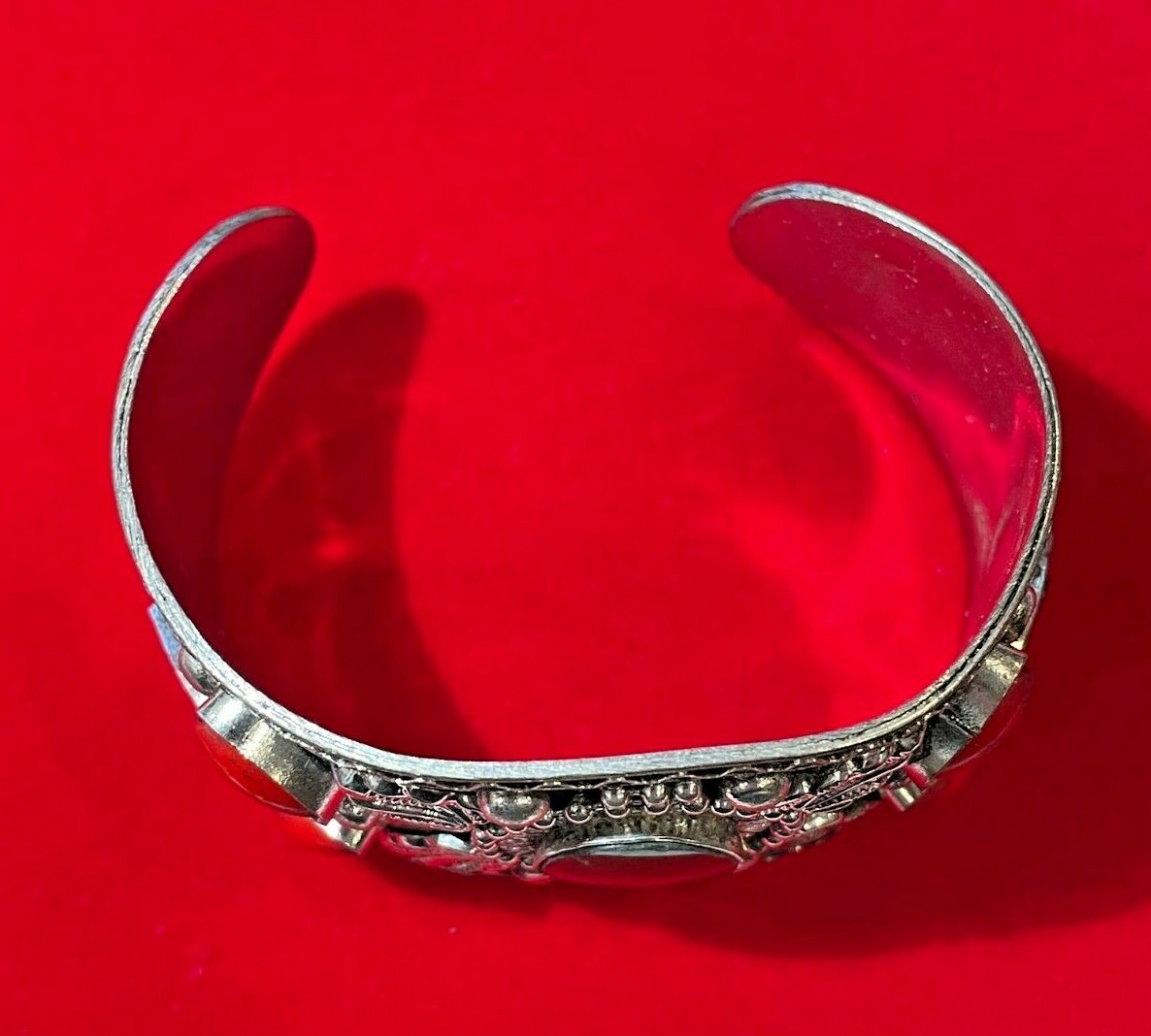 Vintag Chunky Ethnic Silver Tone Etched Tigers Eye Jade Cuff Bangle Bracelet DC2