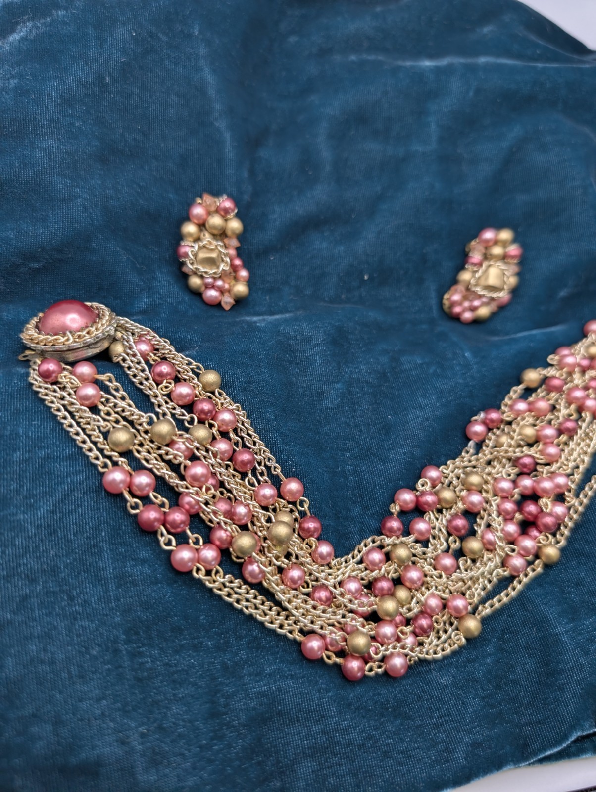 Made in Japan Vintage Jewelry Set Pink & Pearl & Gold Necklace & Earrings