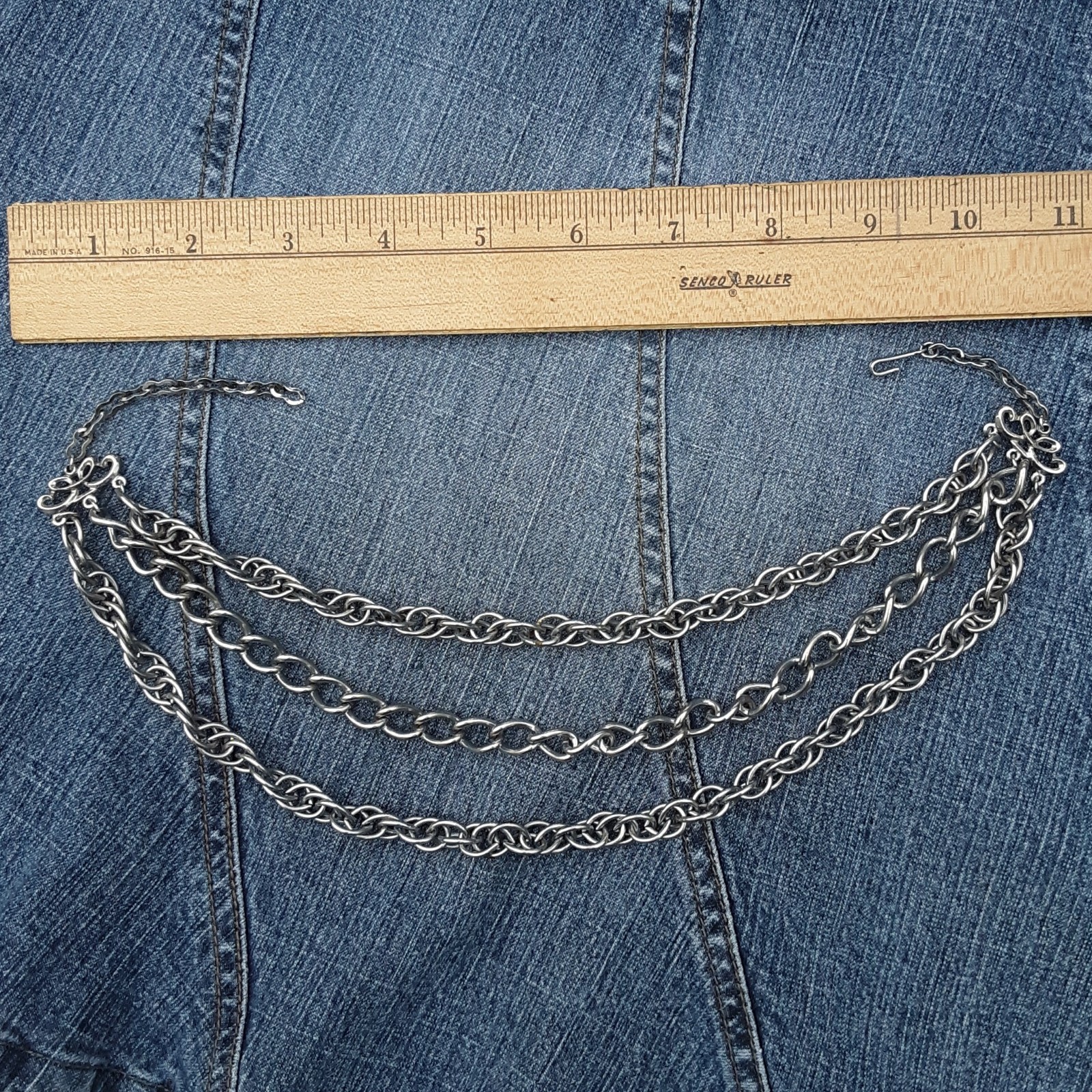 Vtg 90s THREE CHAIN Heavy metal CHOKER Necklace goth Rock punk biker Silver tone