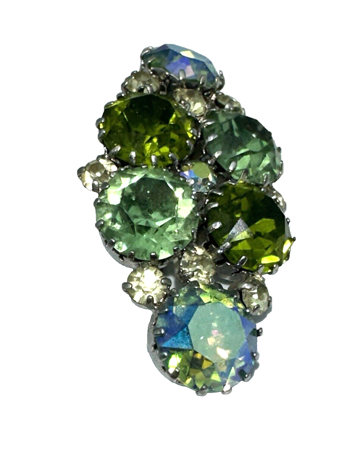 Vintage Austrian Rhinestone Brooch Faceted AB Green White Crystal Cluster Pin