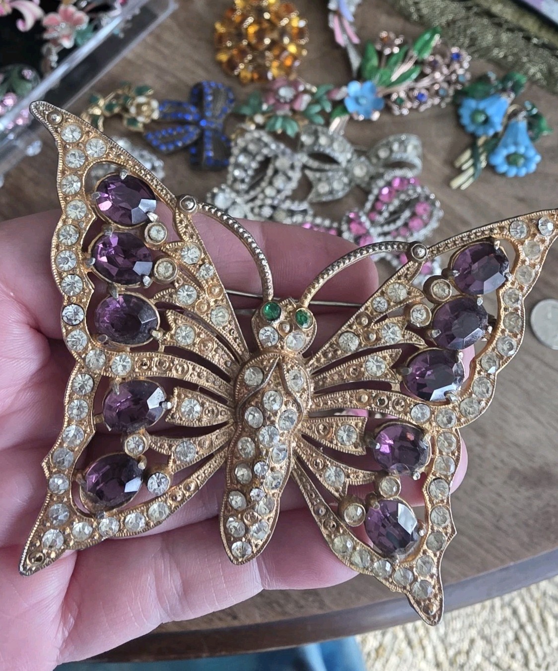 Huge Goldtone Deco Butterfly Brooch 4 In Span