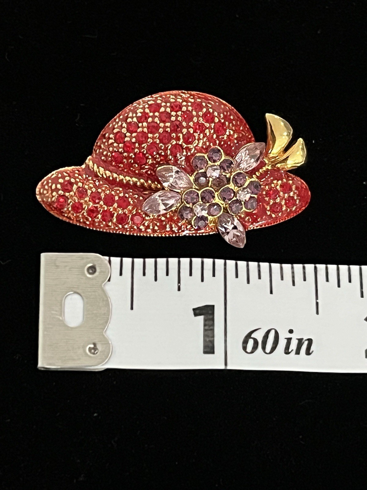Vintage Red Hat Society Gold Tone & Rhinestone Brooch Pin