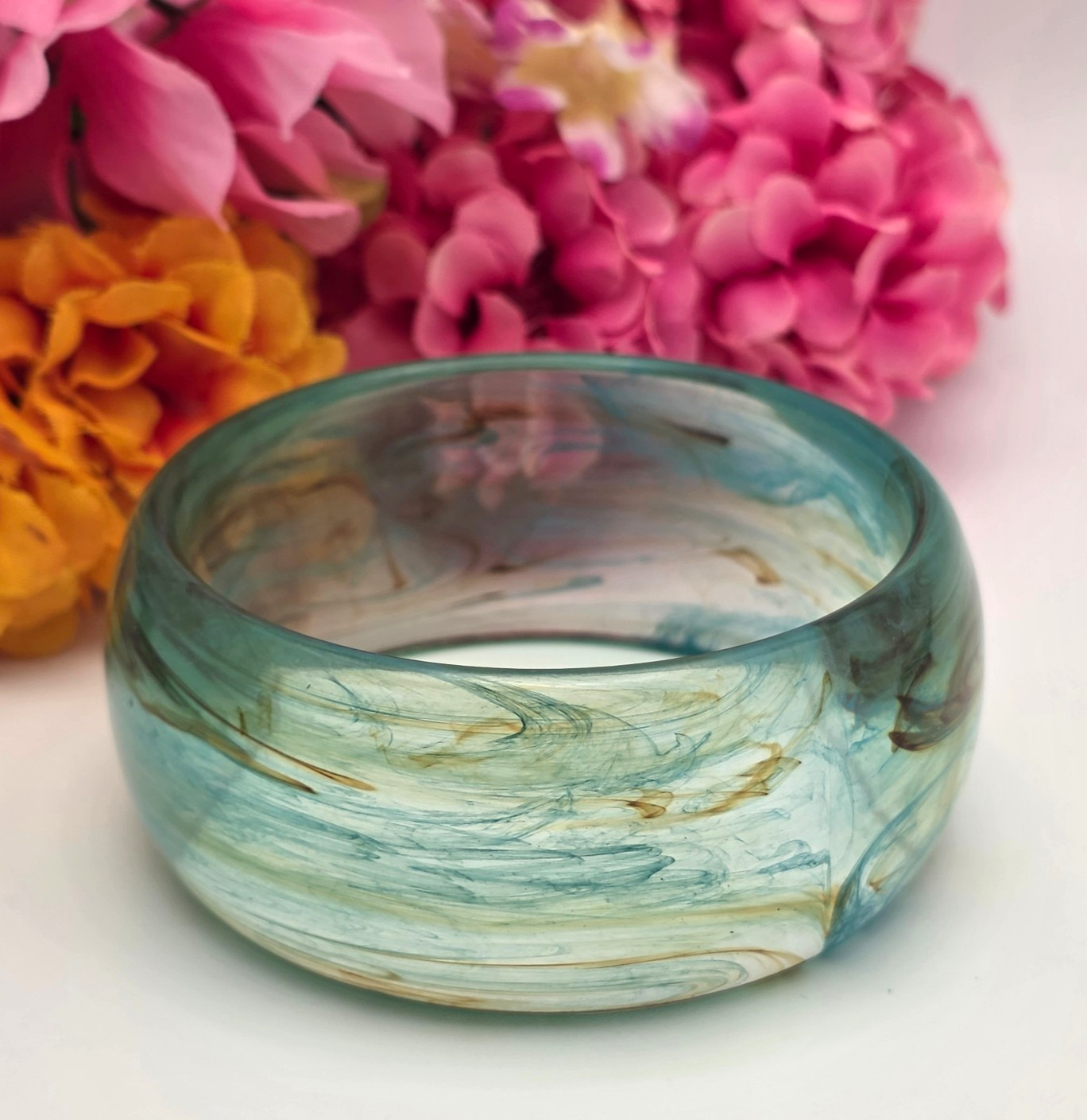 Vintage Green Brown Marbled Lucite Bangle Bracelet Wide Chunky Statement 8 In