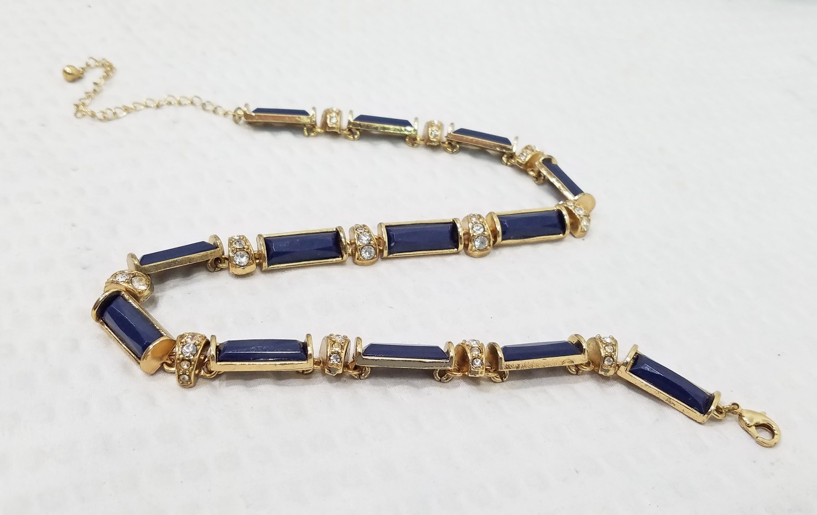 Vintage Faceted Navy Blue Acrylic & Crystal Gold Tone Tile Choker Necklace
