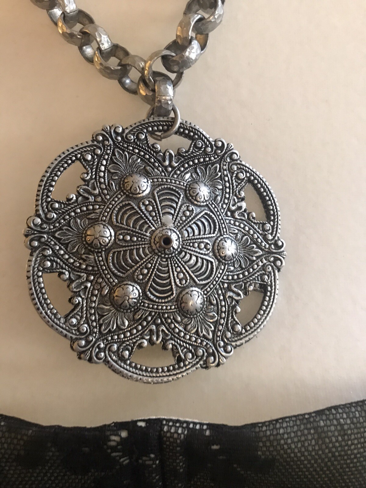 Gorgeous Ornate Vintage Aluminum Statement Necklace With Blue Stone