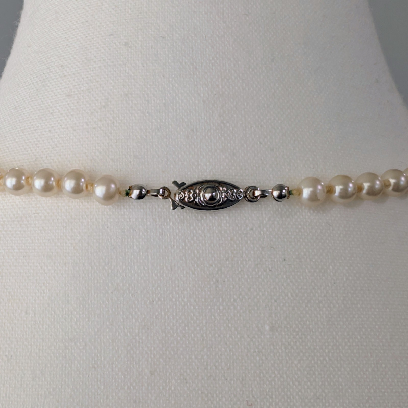 Vintage Glass Pearl Knotted Single Strand + Fish Hook Clasp Necklace 30″