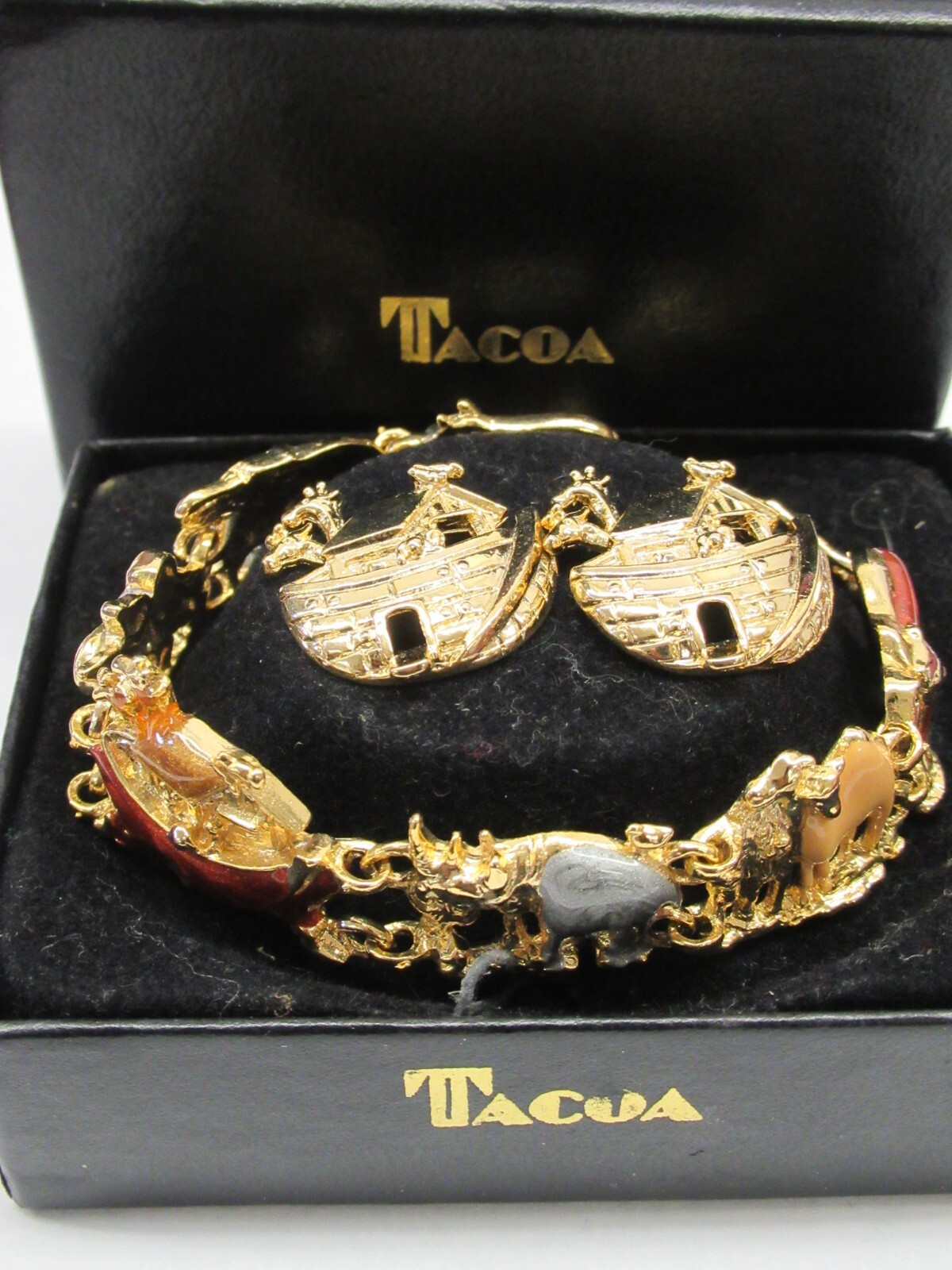 Vintage Tacoa gold tone enameled Noah’s Arc bracelet & earrings set