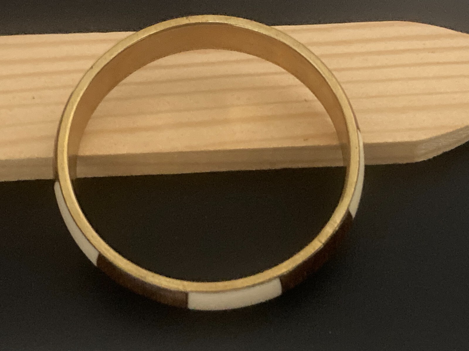 Vintage Brown White Enameled Striped Bangle Bracelet Gold Tone Metal