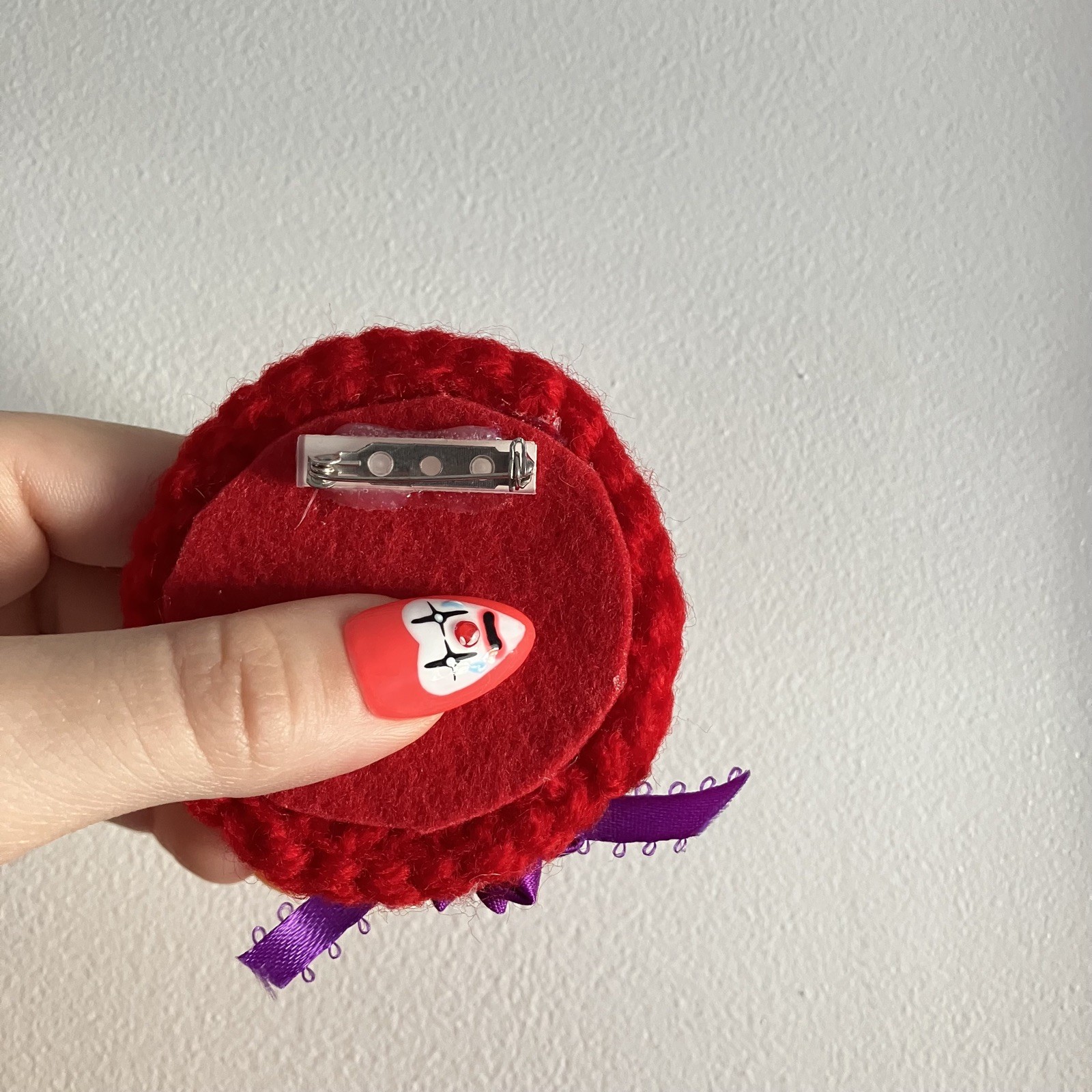 Handmade Crochet Hat Brooch Vintage 90s Y2K Pin Red With Purple Ribbon Bow