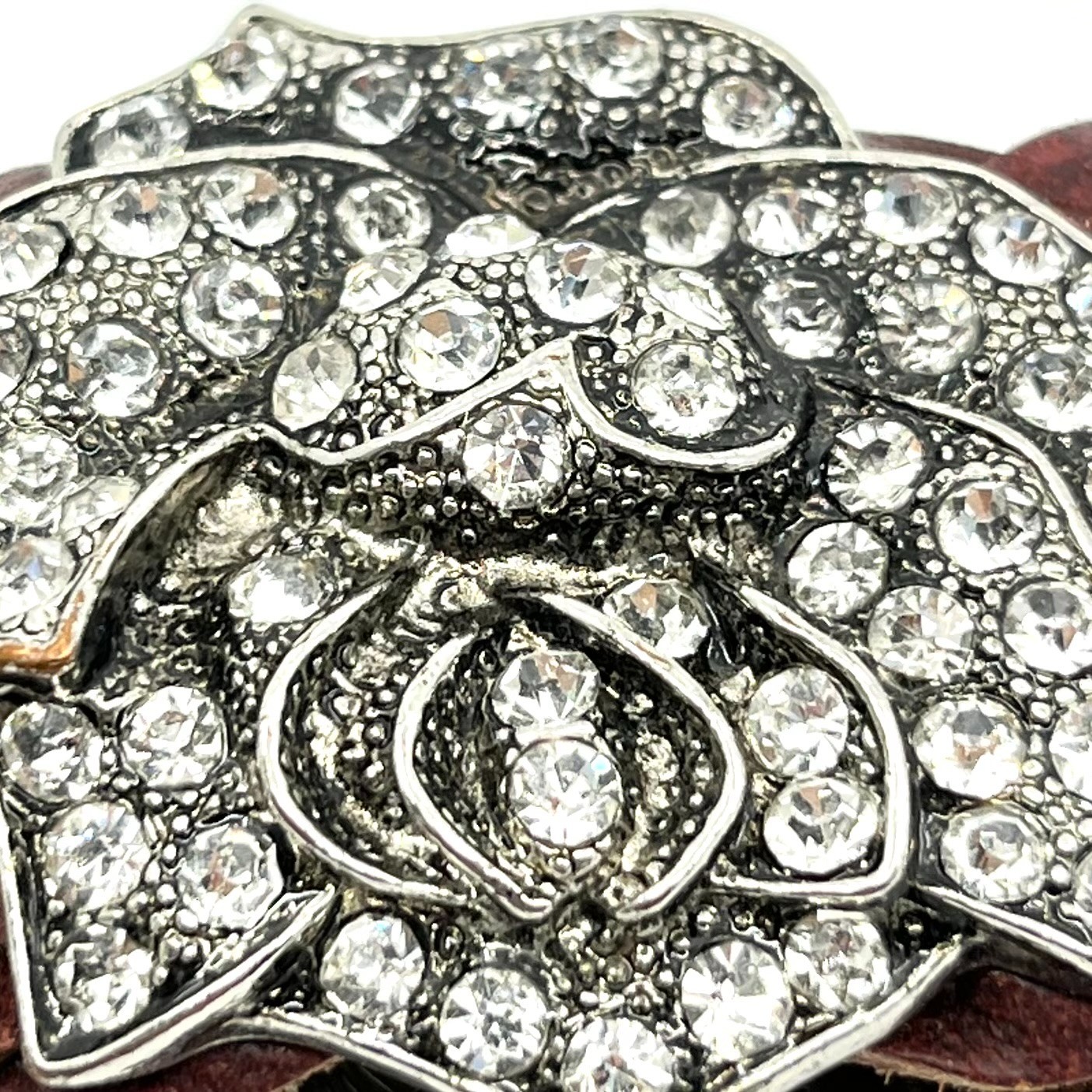 Vintage Y2K Brown Braided Leather Rhinestone Flower Cuff Bracelet Boho Retro