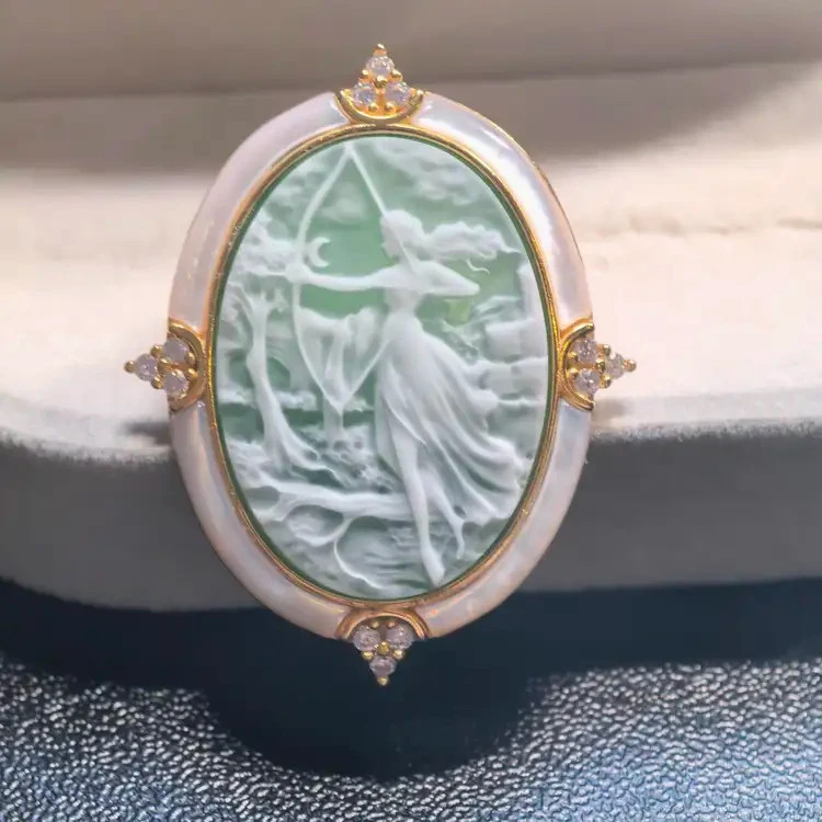 925 silver green Athena Agate cameo brooch pendant vintage estate jewelry