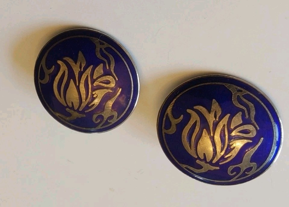 Vtg. CLIP EARING Set Blue/Violet w/ Silver Tone Metal Cloisonne Round Floral