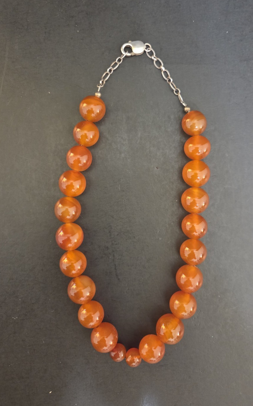 Vintage Resin Amber Necklace Orange Brown. Sterling Silver 925 clasp. 17″ w/bag