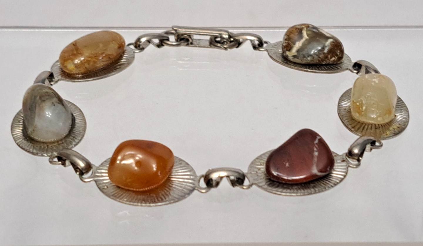 Vintage Silver Tone Tennis Bracelet Natural Precious Polished Stone Agates Color