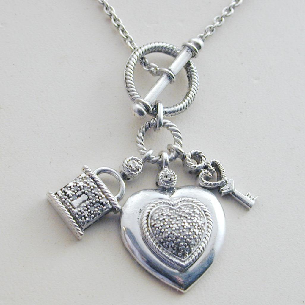 JWBR Sterling Pave Diamond Heart Lock & Key Charm Station Necklace
