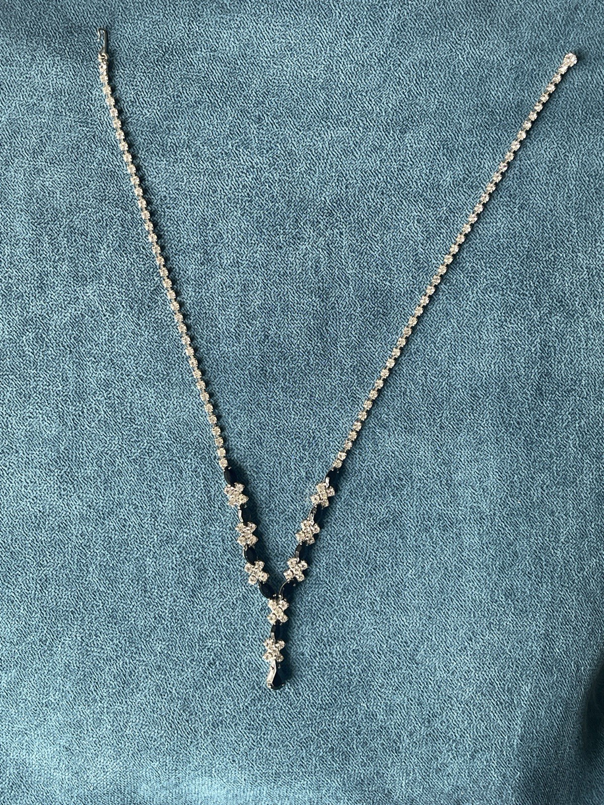 Vintage Rhinestone Necklace & Earrings Black Clear Stones Bridal Prom Jewelry