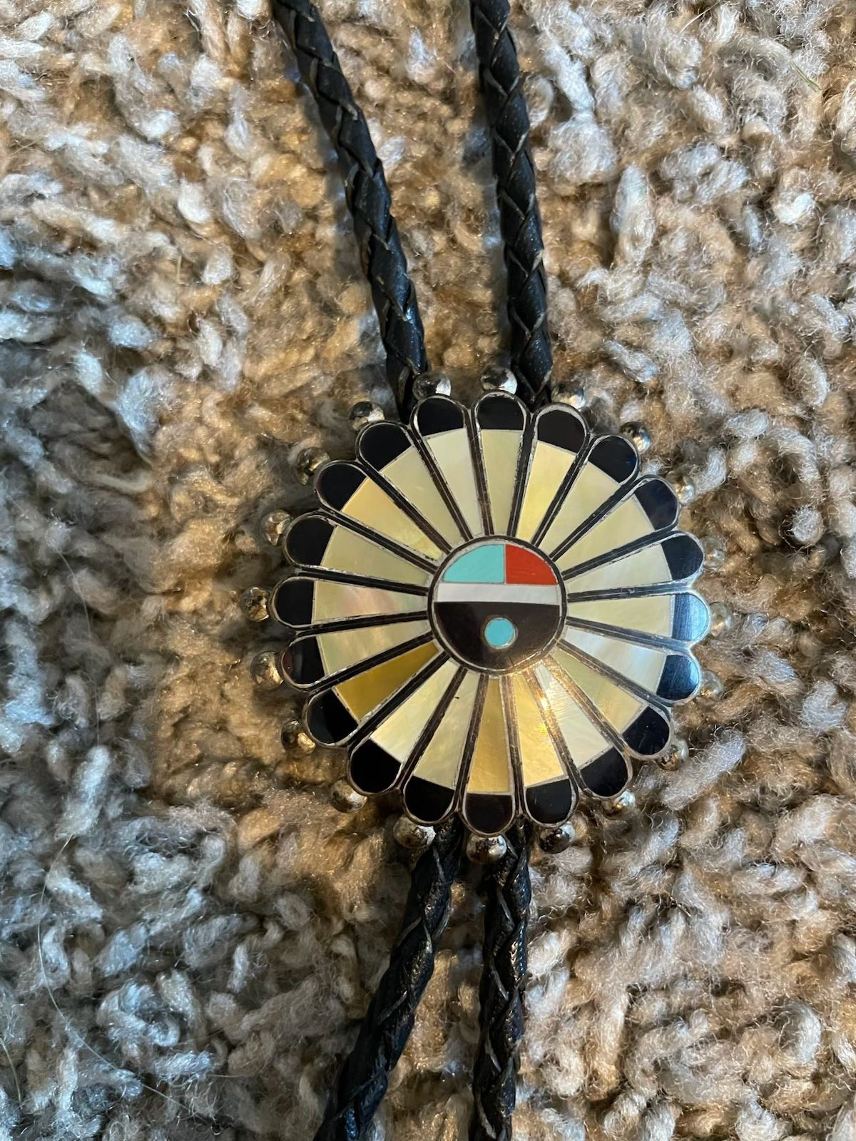 Zuni sterling silver shell/turquoise sunface bolo tie