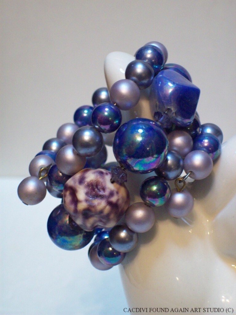 Retro Blue Purple Bead Bracelet Multi Strand Dimple AB Faux Pearl Wire Wrap Vtg