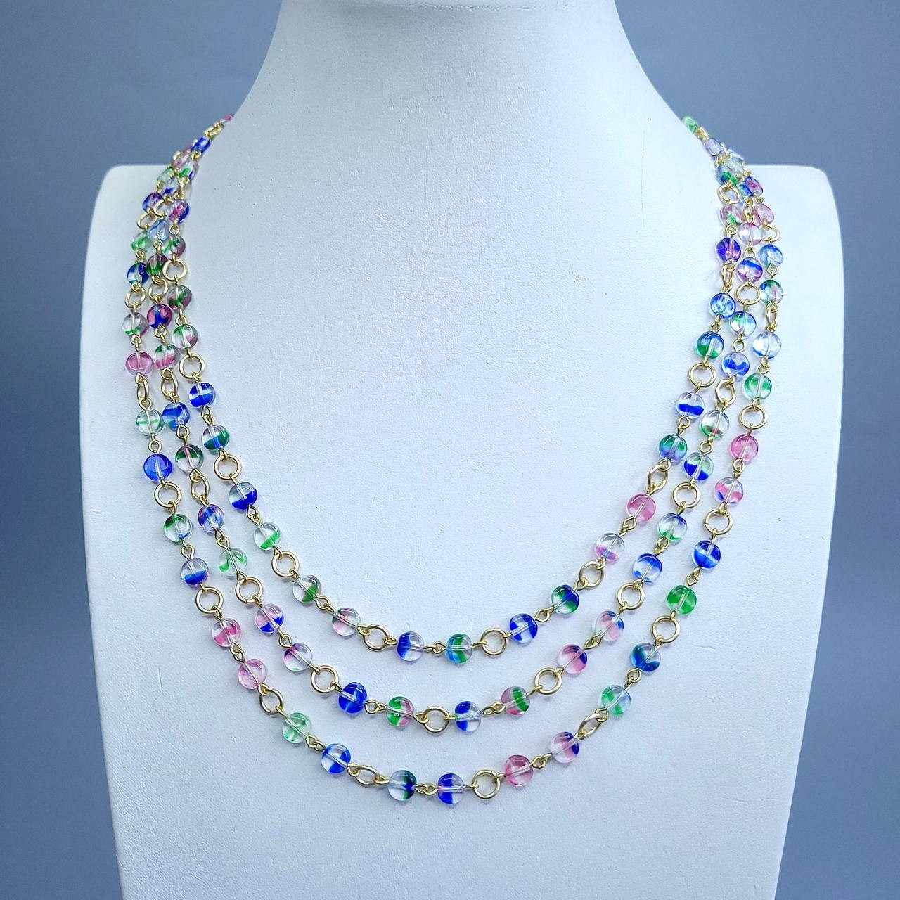 Iris Glass Necklace 22” Multicolor Czech Vintage Beads Women`s Jewelry
