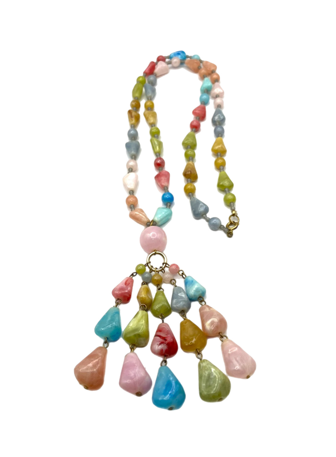 Vintage Chunky Pastel Multi-Color Beaded Tassel Pendant Necklace Plastic 30″