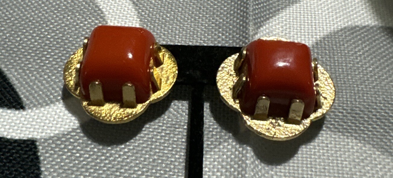 Orena Paris Red Coral Earrings Vintage 1970s Costume Jewelry
