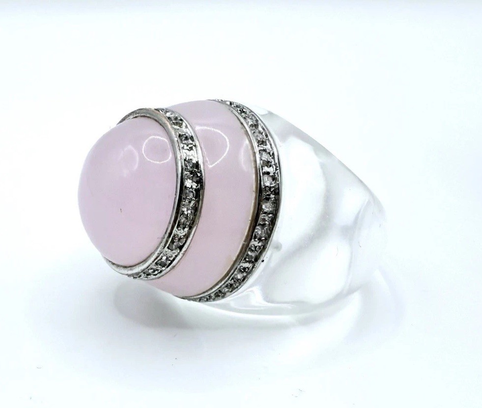 Enormous Rose Quartz White Sapphire Glass Statement Ring Sz 8 Vintage Jewelry