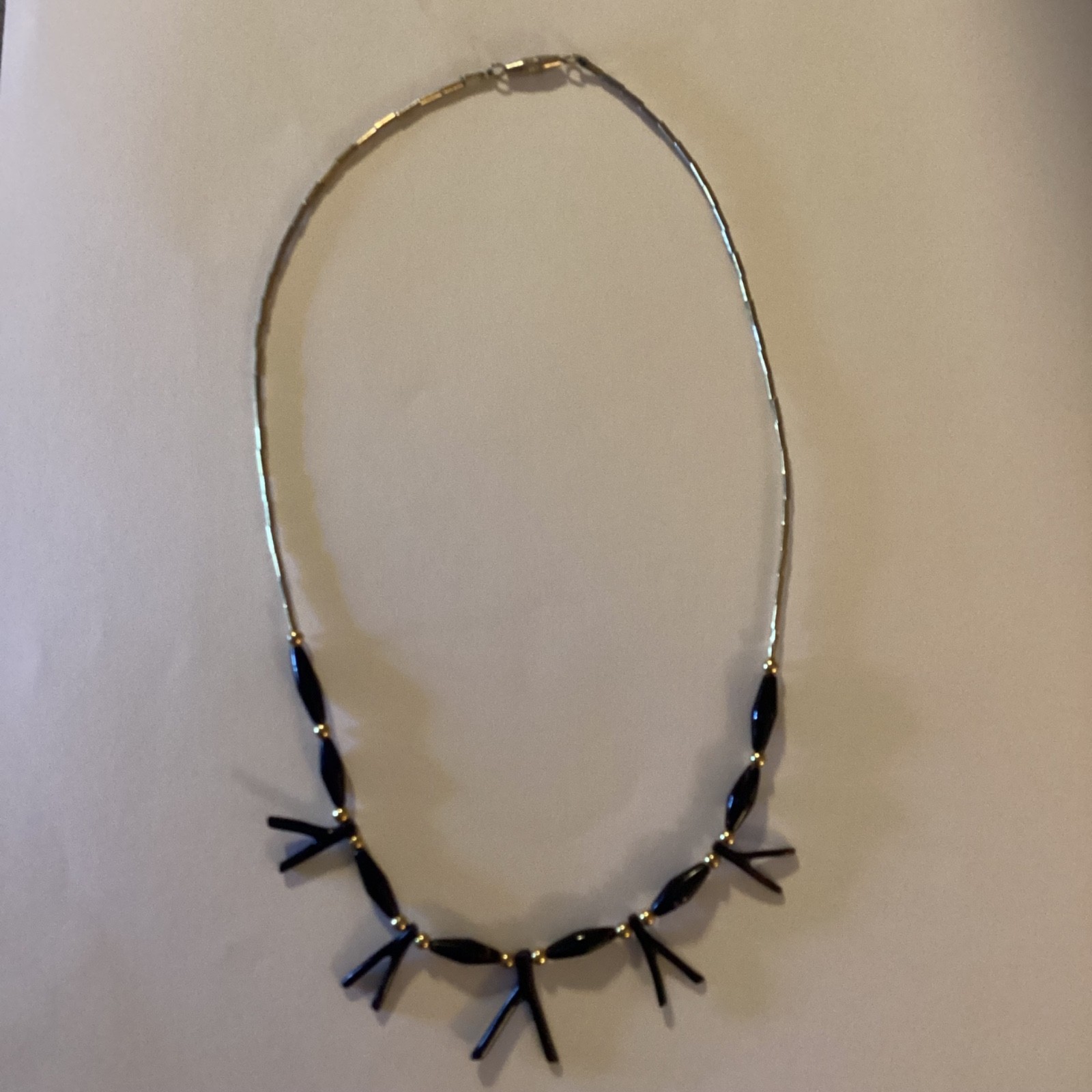 Vintage Black Coral Necklace Gold Tone Beads Mid Century Modern Statement