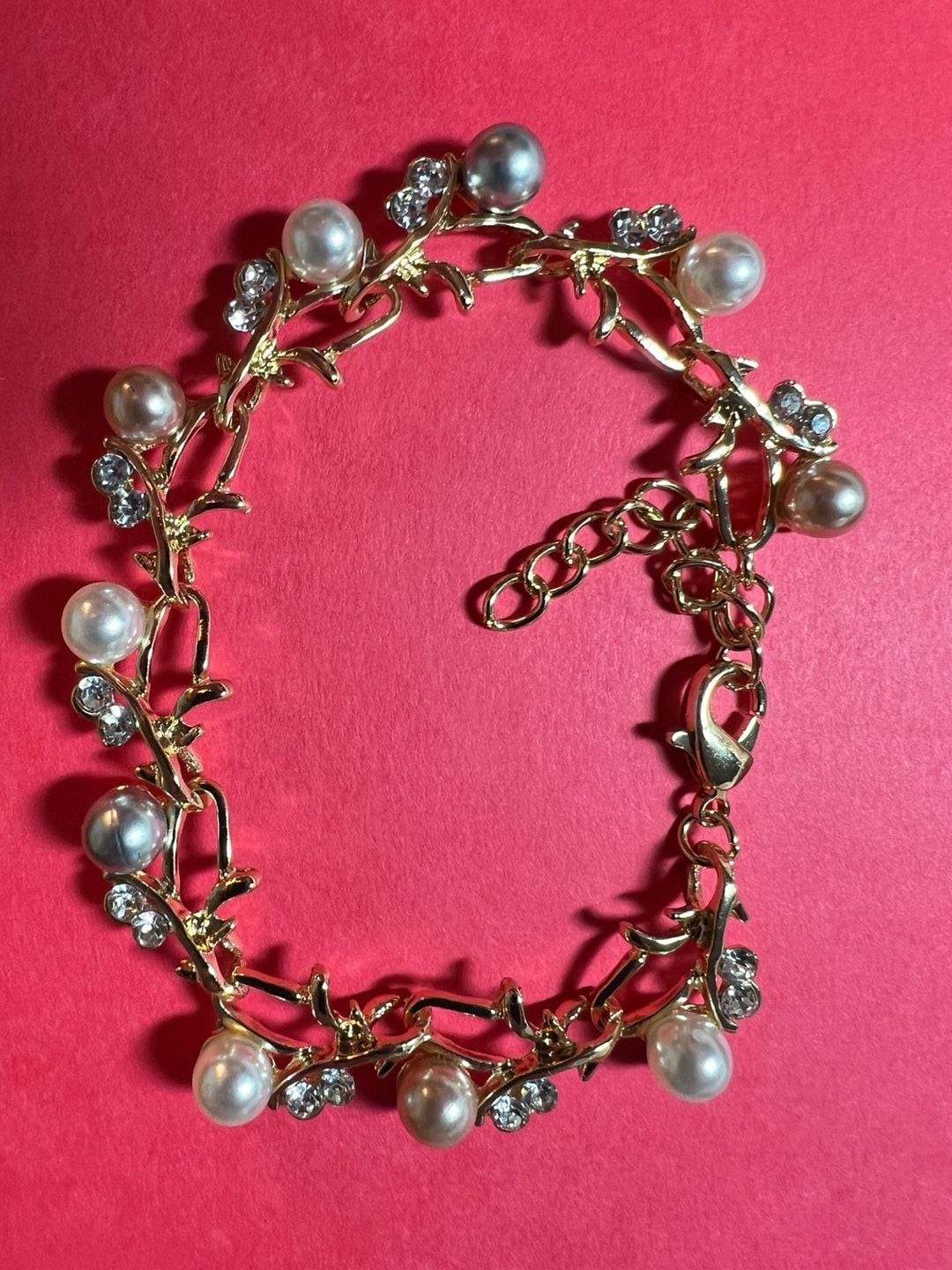 Gold-Tone Leaf Vine Bracelet with Faux Pearls and Rhinestones