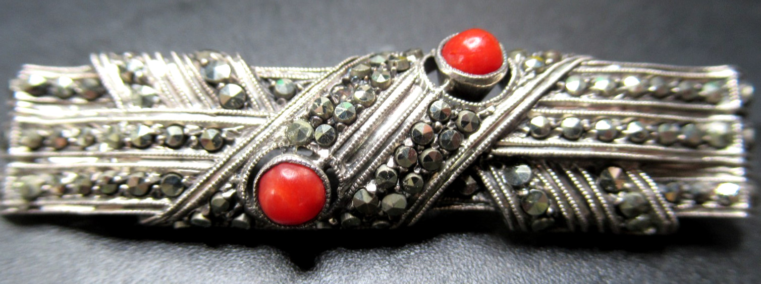 Sterling Silver 925 Genuine Marcasite & Red Coral Vintage Pin Brooch