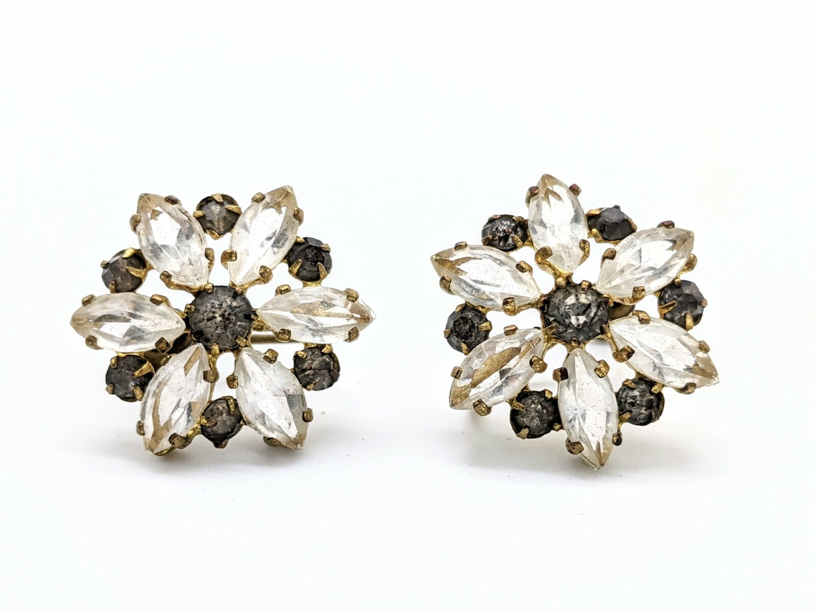 Vintage Screw-back Earrings Topaz & Clear Rhinestones Gold Tone Czechoslovakia