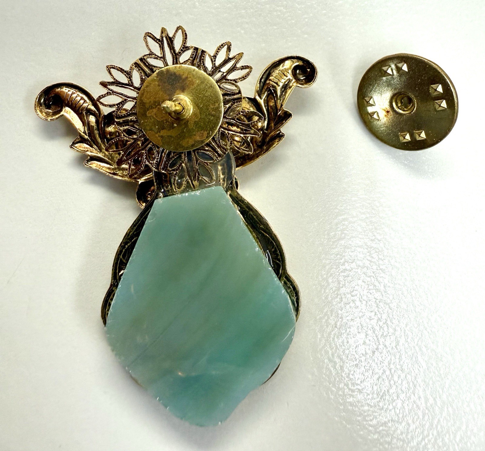 Vintage Faux Jade Art Glass Fur Clip Dress Clip Gold Tone Pearl Ornate Brooch
