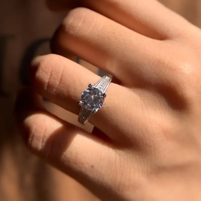 Moissanite Engagement Ring Round 2 Ct Art Deco Pave Band Vintage Bridal Gift
