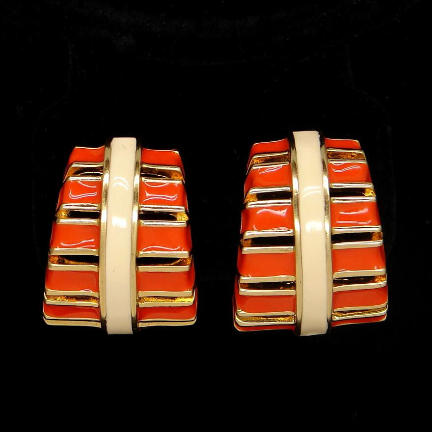 Vintage ST. JOHN Egyptian Motif CLIP-On EARRINGS Orange & Cream ENAMEL Gold-Tone