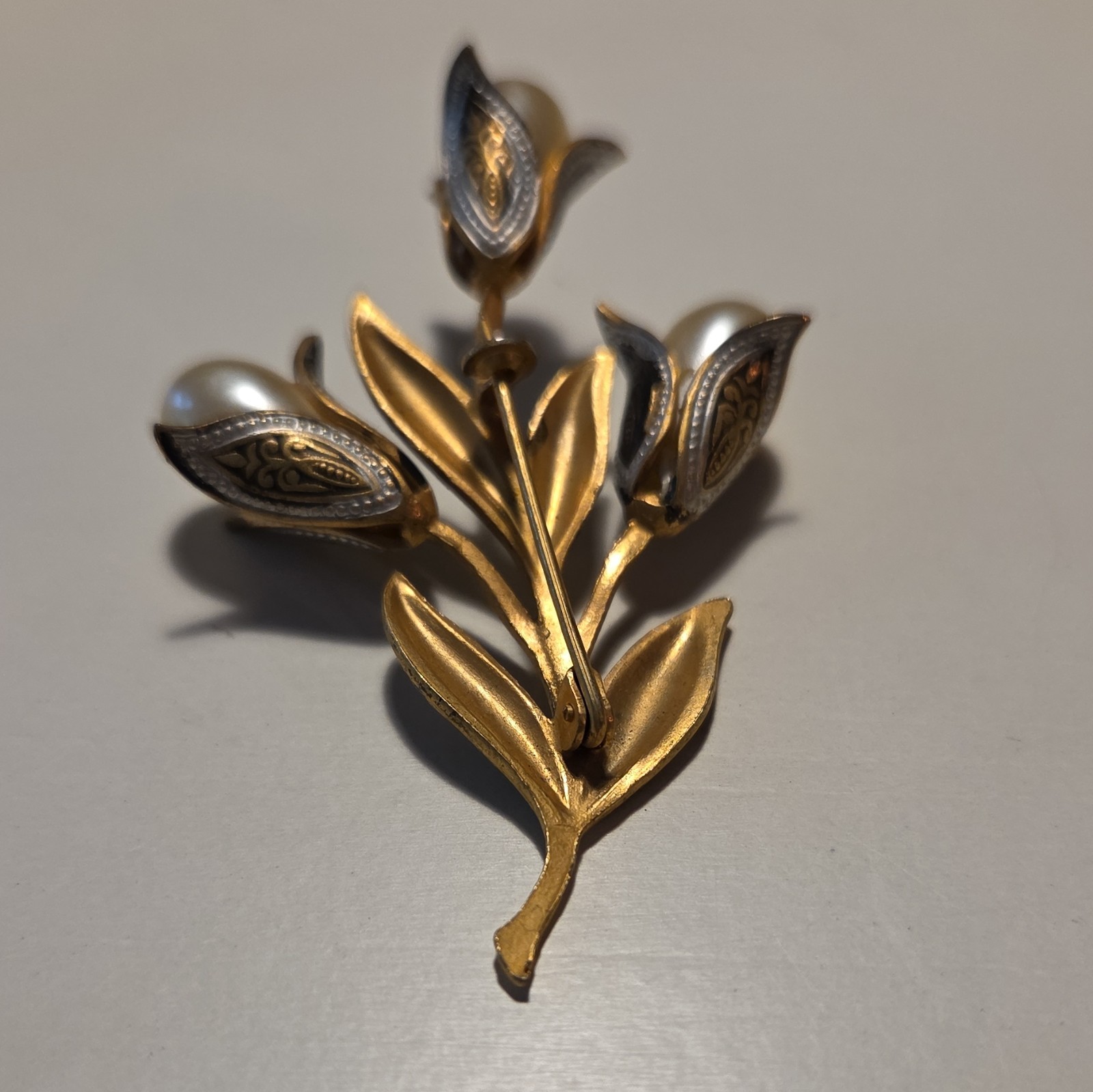 Vintage Gold & Silver Tone Flower Brooch Pin with White Imitation Pearl