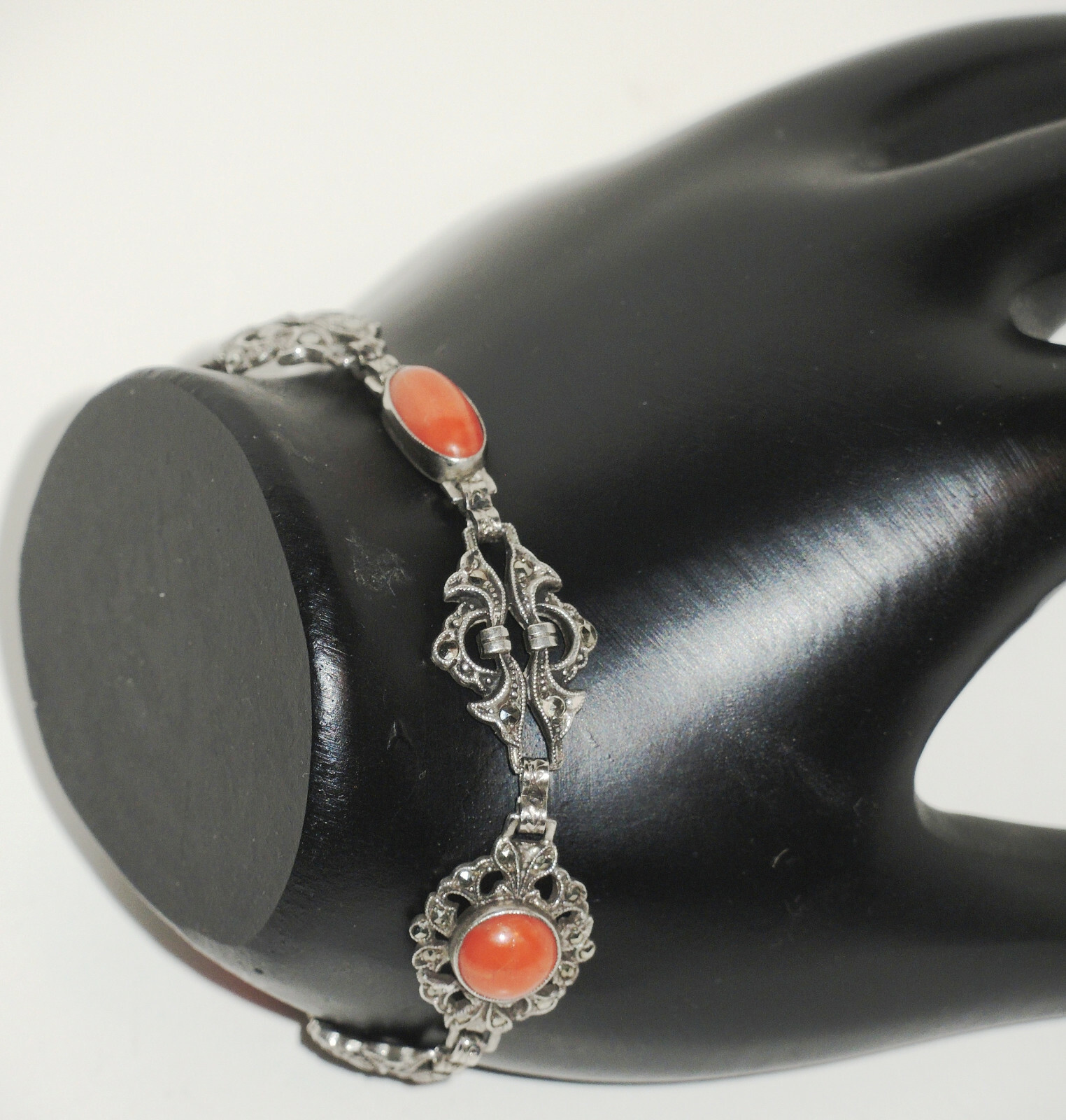 1920’s Art Deco Sterling Openwork Links Bracelet with Coral & Marcasites