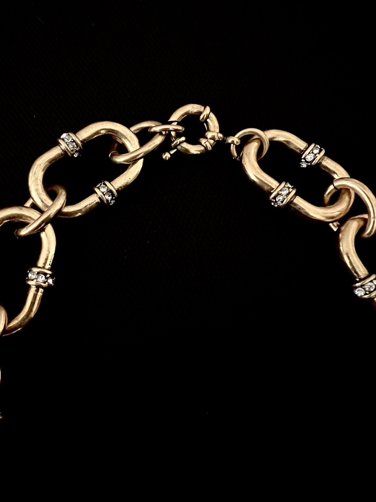 Heavy Chunky Antiqued Gold Tone Large Links Choker Faux Diamond Accents 22.5in