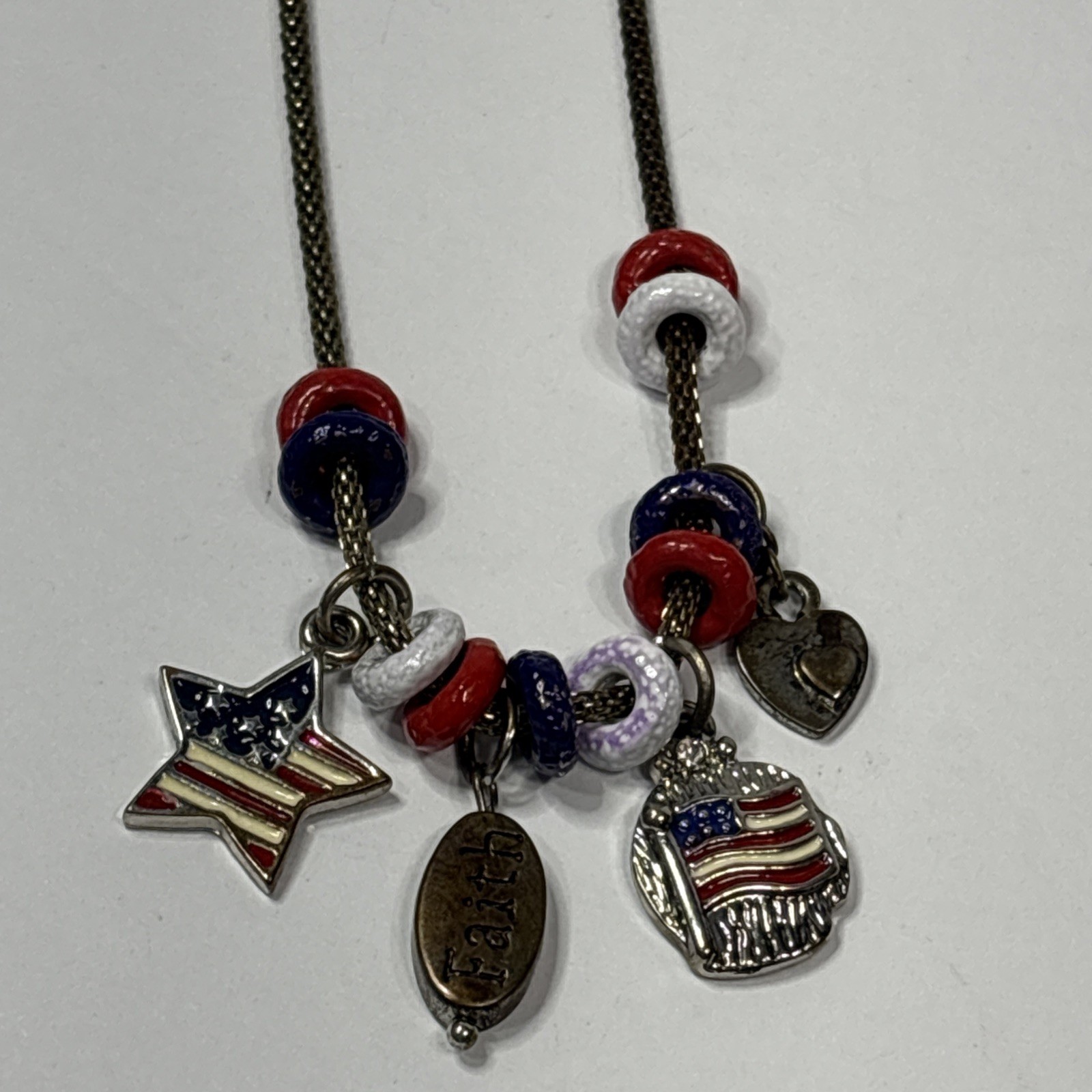 Patriotic Charm Necklace 4th of July Flag 18” Popcorn Chain Red White Blue