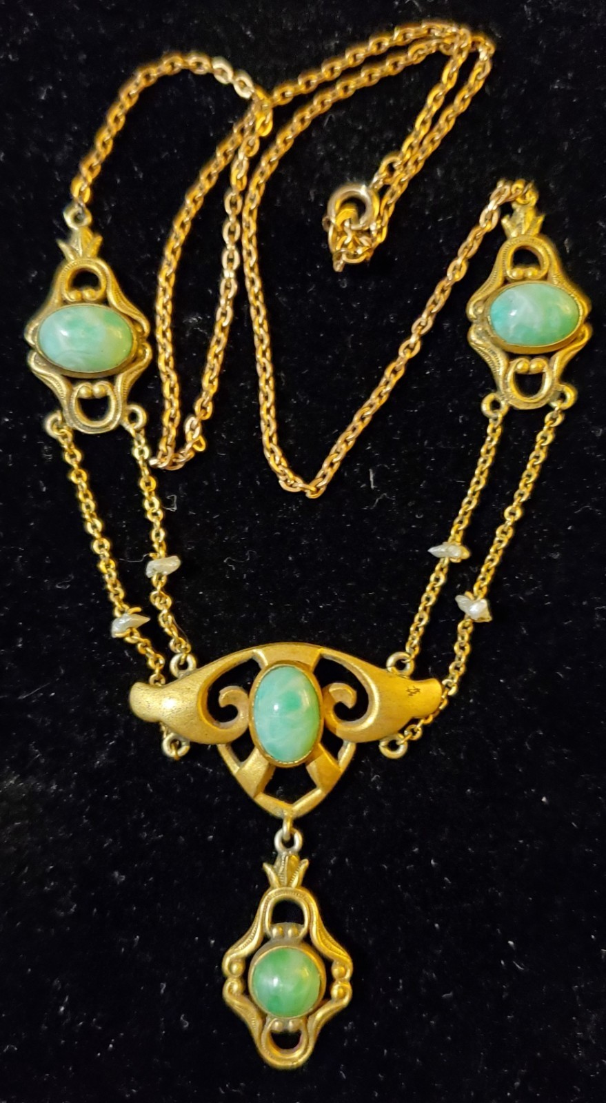 Antique Art Nouveau Krementz Festoon Necklace Seed Pearls Green Cabochons