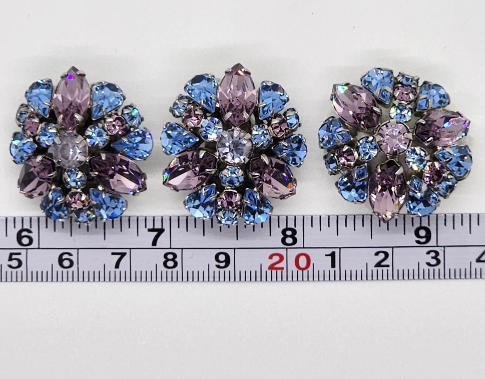 Alice Caviness blue and purple rhinestone earrings signed with brooch