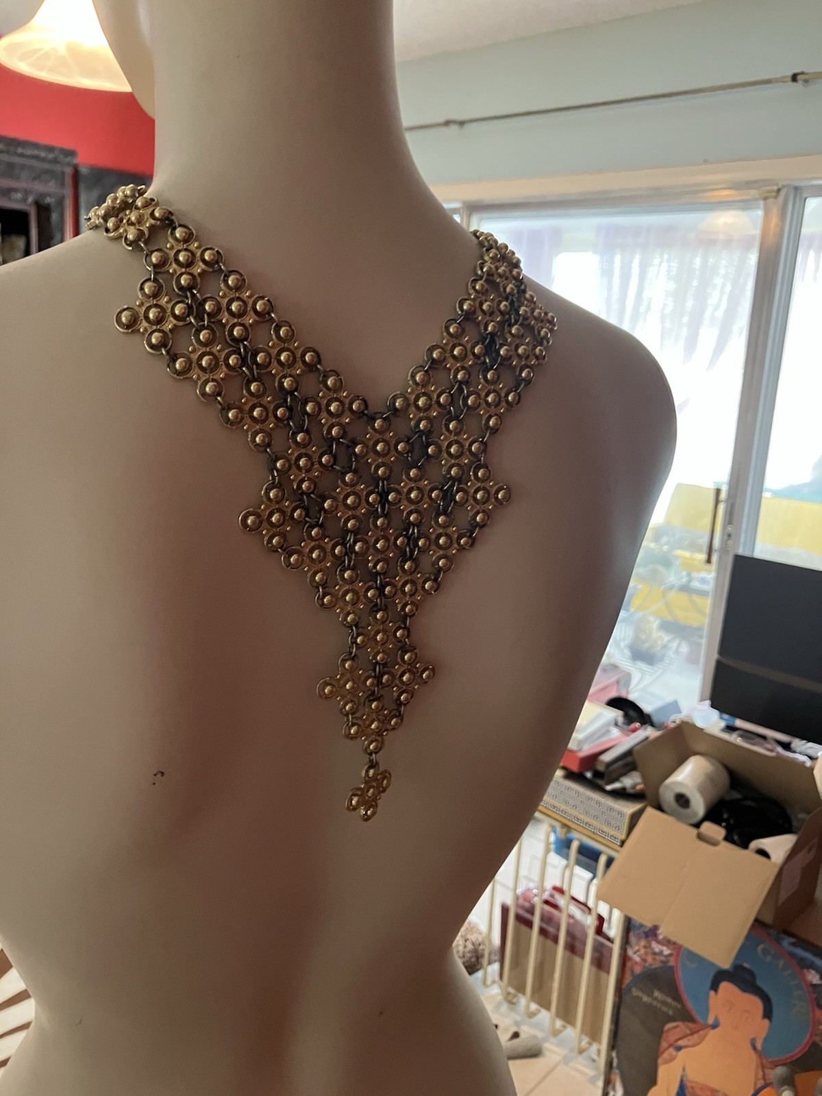 1971 MONET “MORESQUE” Gold Egypt Revive Etruscan Runway Statement Bib Necklace