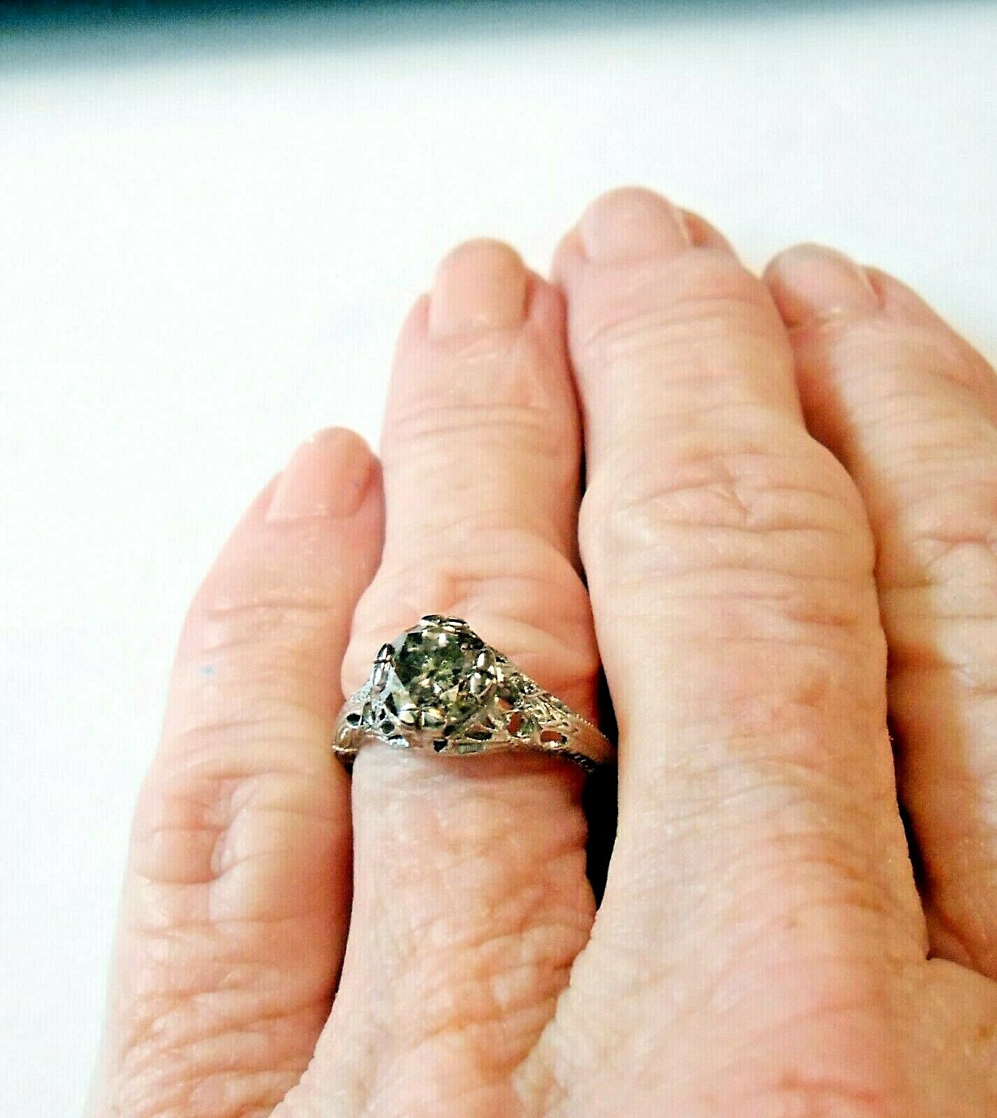 14K White Gold Filigree Ring 1.25Ct 7mm Round Champagne Diamond Solitaire