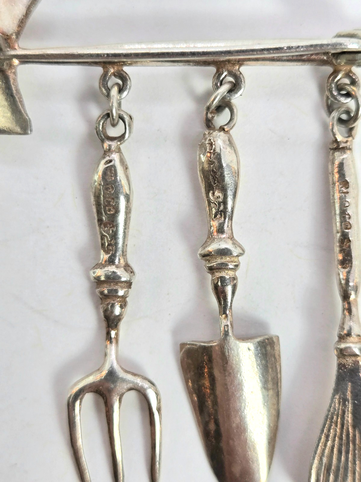 Vtg Sterling Gardening Brooch Pin Spade Trowel Fork Dangle Charm 925 Silver MEOW