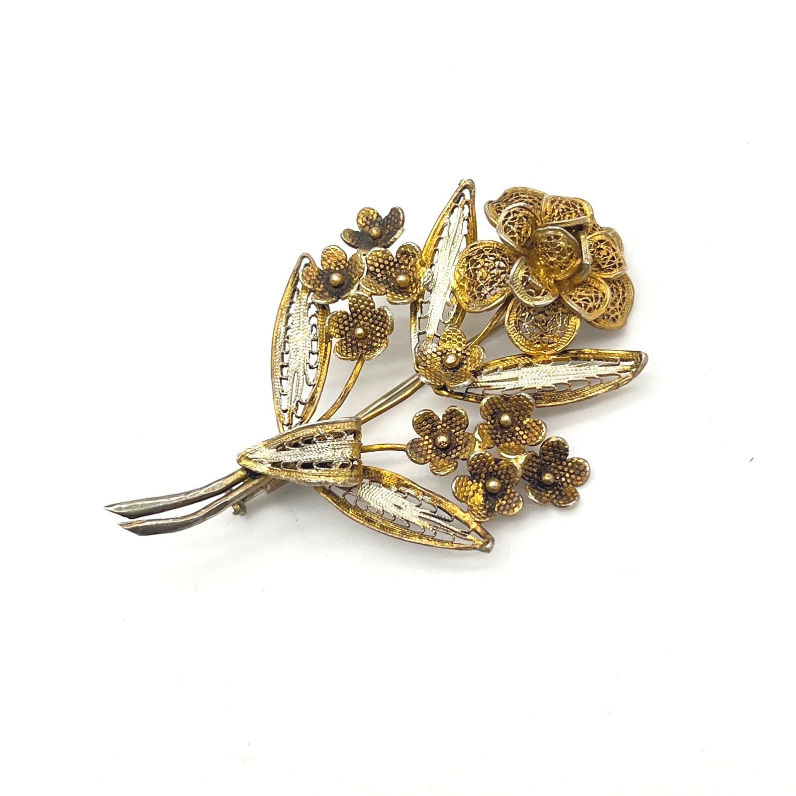 Vintage 800 Silver Filigree Floral Bouquet Brooch Gold Wash Flower Pin 2 Inch