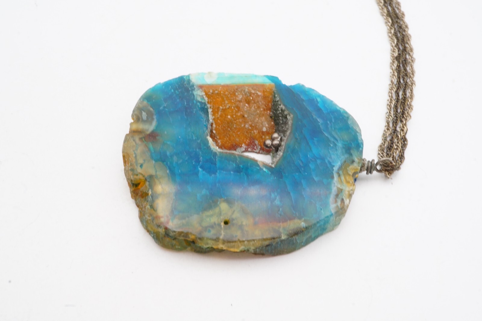 Vintage Necklace Silver Tone Blue Agate Geode 19″
