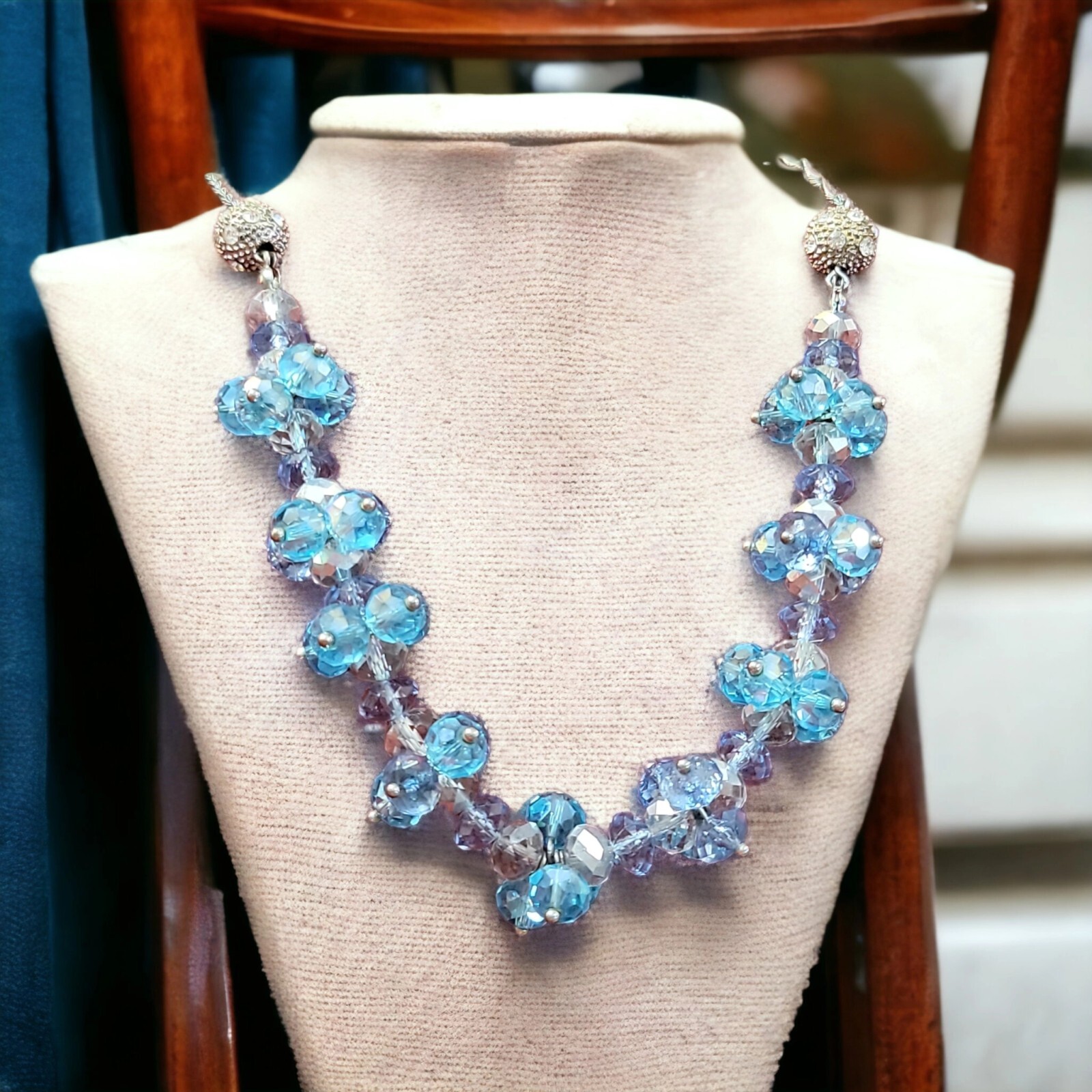 Vtg NY Chunky Clusters Blue Rhinestone Necklace 2 Studded Spheres Sparkly Glass