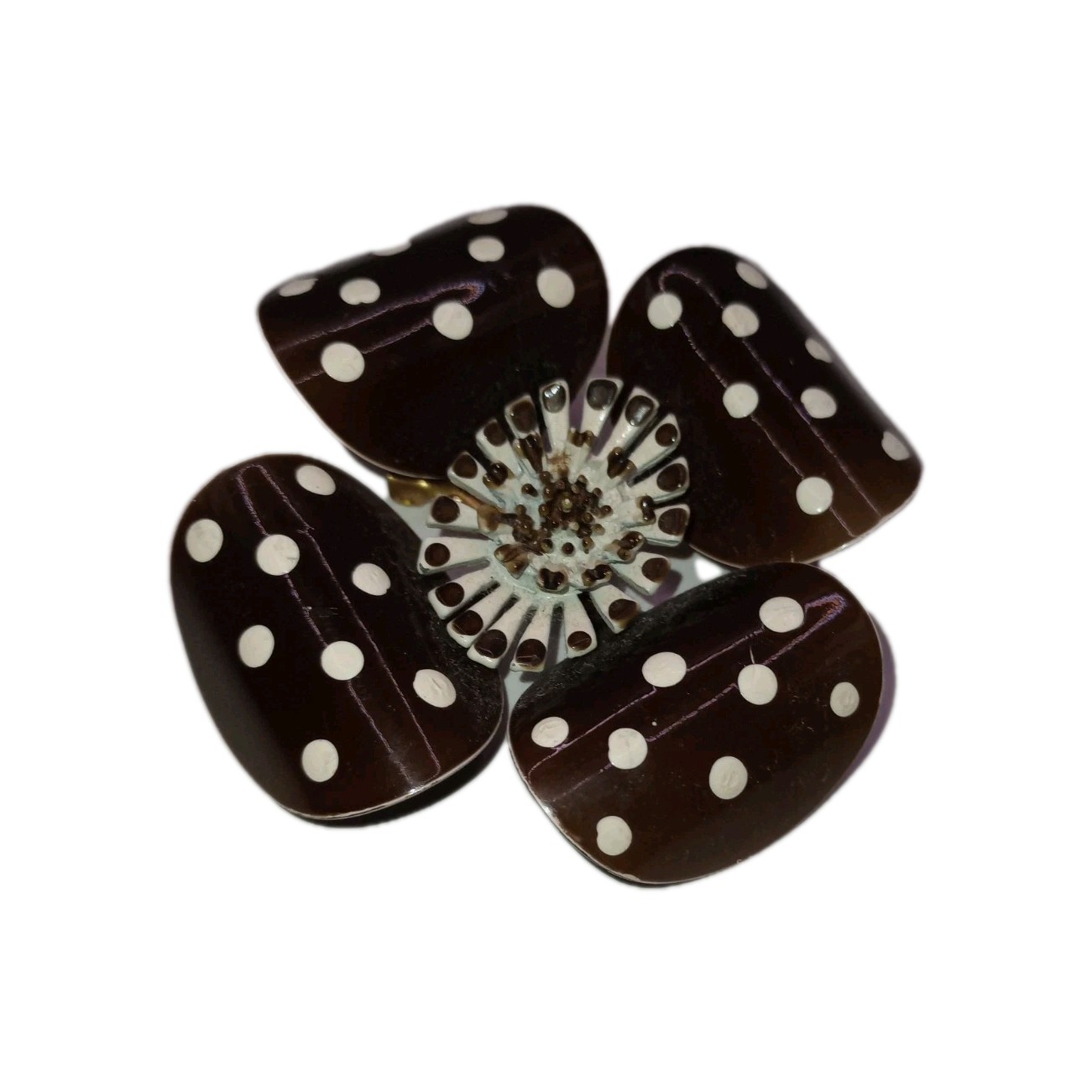 Vintage 1960s Brown White Enamel Brooch Polka Dot Flower Pin Large 2 3/4 in D